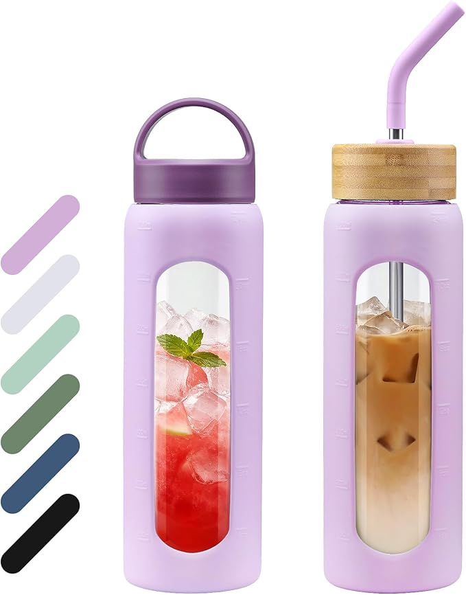 24 oz Glass Water Bottle, Glass Tumbler with Straw, Reusable Drinking Bottles with 2 Lids-Handle Lid&Bamboo Straw Lid, Silicone Sleeve, for Sports, Home,1 Pack-Purple