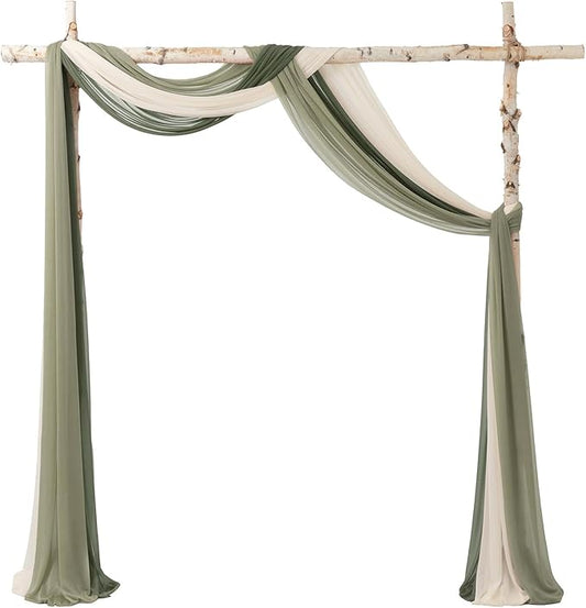 Ling's moment Wedding Arch Draping Fabric 3 Panels 20Ft Sage Green Chiffon Fabric,Sheer Hanging Drapes Arrangement for Wedding Ceremony Backdrop Outdoors Party Swag Home Decor (White & Sage)
