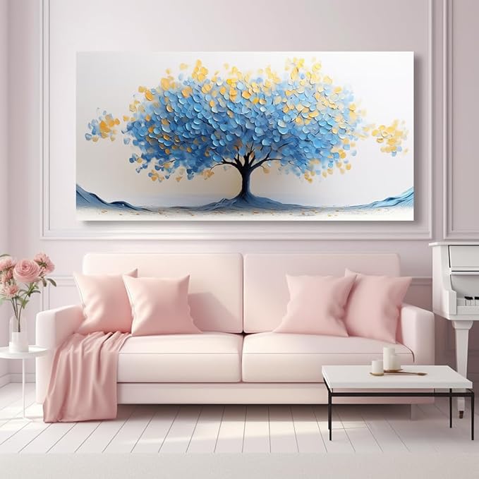 LAVIKARS Modern Tree of Life Wall Art for Living Room Office Navy Blue and Yellow Floral Abstract Landscape Canvas Painting Prints Large Nature Artwork Home Kitchen Bedroom Decor (23x46 Inches)