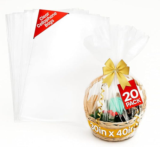 volila Large Cellophane Bags for Gift Baskets - 20 Pack (30 in x 40 in) Clear Gift Wrap for Gift Baskets, Floristry, Party Favors and Food Packaging