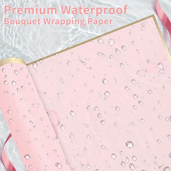 52Pcs Flower Bouquet Wrapping Paper Accessories Kit, 20 Sheets Pink Waterproof Floral Wrapping Paper, 12 Gold 12 Pink Butterflies, 5 Cards, 1 Ribbon, 1 Letter 1 Rhinestone Sticker (Gold Edge)