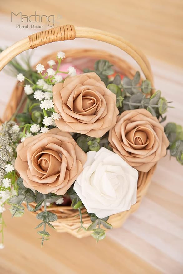 MACTING 30PCS Artificial Flower Roses Fake Flowers with Stem Foam Roses for DIY Wedding Bouquet Table Centerpieces Party Holiday Baby Shower Home Spring Valentines Day Decorations,Light Brown
