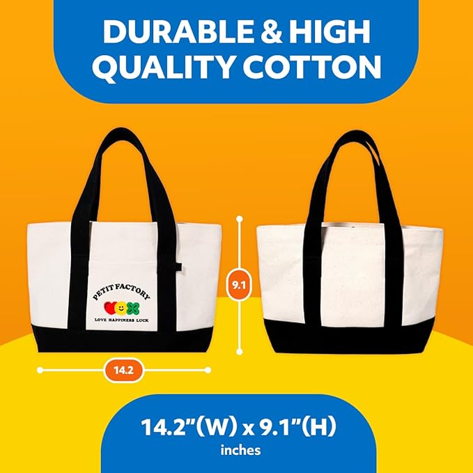 PETIT FACTORY Canvas Tote Bag 14.2"(W) × 9.1"(H) × 3.9"(D), Great for DIY Painting or Decoration, Tote Bags for Women Canvas with Pockets & Keyring Hooks
