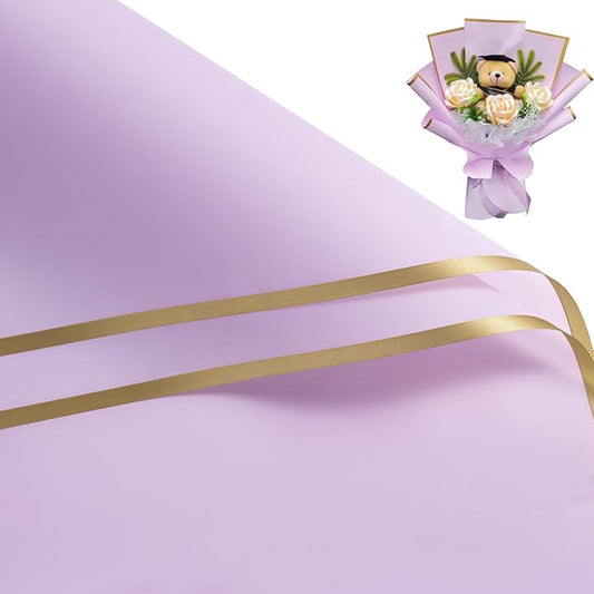 WRAPAHOLIC 20 Sheets Flower Wrapping Paper - 22.4 x 22.4 inch Gold Trim Purple Water-Resistant Floral Bouquet Wrapping Paper, Florist Supplies Packaging Paper for Wedding Birthday Gift DIY