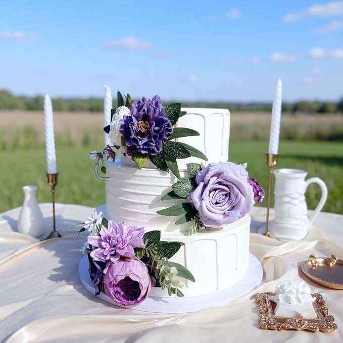 Pre-Made Silk Flowers for Cakes Decorations Light Lavender Dusty Purple Artificial Rose Peony Wedding Cake Toppers Decorating Fake Floral Anniversary Birthday Party Arrangements Table