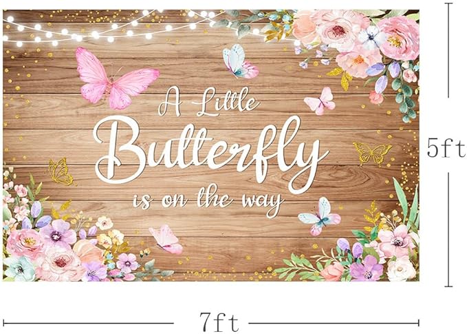7x5ft Butterfly Baby Shower Backdrop A Little Butterfly is on The Way Photography Background Rustic Wooden Pink Floral Flowers Princess Girl Newborn Party Banner Decoration