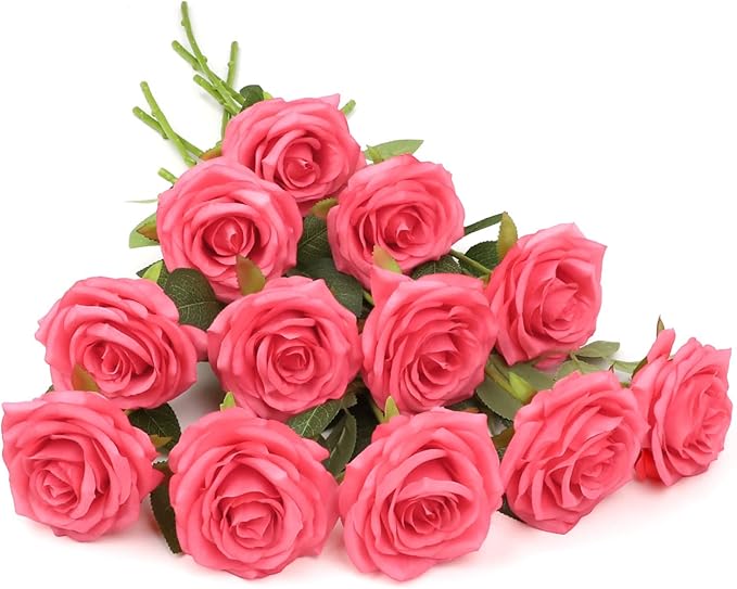 Artificial Rose Flower Coral Flowers Silk Flowers 12 pcs with Long Stem Silk Roses Bouquet for Wedding Bridal Shower Party Home Decoration