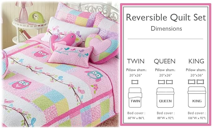 Cozy Line Home Fashions Cute Owl Pink Blue Green Embroidery 100% Cotton Reversible Girl Bedding Quilt Set, Coverlet, Bedspreads (Pink Owl, Queen - 3 Piece)
