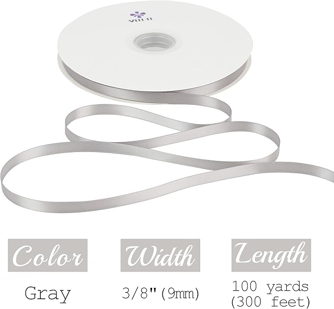 MEEDEE Silver Satin Ribbon - 3/8 Inch Double Face Satin Ribbon For Wedding, Gift Wrapping, Crafts & Hair - 100 Yards