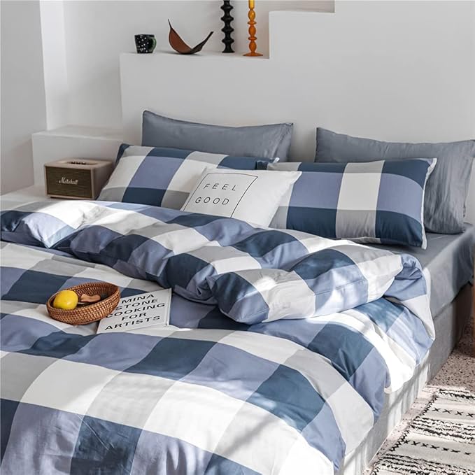 LifeTB Twin XL Comforter Set Modern Style Plaid Checkered Pattern Comforter Soft Fluffy Blue White Grey Geometric Comforter with 2 Pillowcases for Men Boy Teen All Seasons Comforter Set Twin XL Size