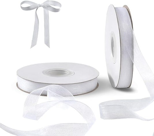 White Organza Ribbon for Gift Wrapping, FAKILO 1/2 Inch Sheer Wrapping Ribbon for Bouquet, Wedding, Christmas Gift - 50 Yards Each Roll