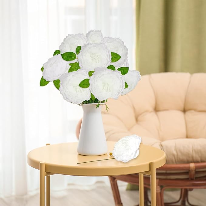 16PCS White Peonies Artificial Flowers for Wedding Bouquet Bridal Shower Decorations,White Flowers Artificial for Party Table Centerpieces,Faux Flower with Stem for Home Decor