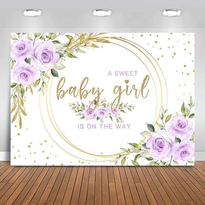 Mocsicka Floral Sweet Baby Girl Backdrop It's a Girl Baby Shower Background Watercolor Lavender Purple Floral Baby Shower Party Cake Table Decoration Photo Booth Props (8x6ft)
