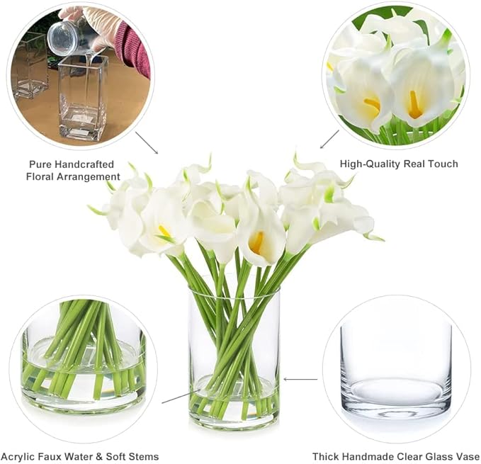 ENOVA HOME 20 Pieces Artificial Real Touch Lilies Flower Arrangement in Glass Vase with Faux Water for Home Decoration (White)