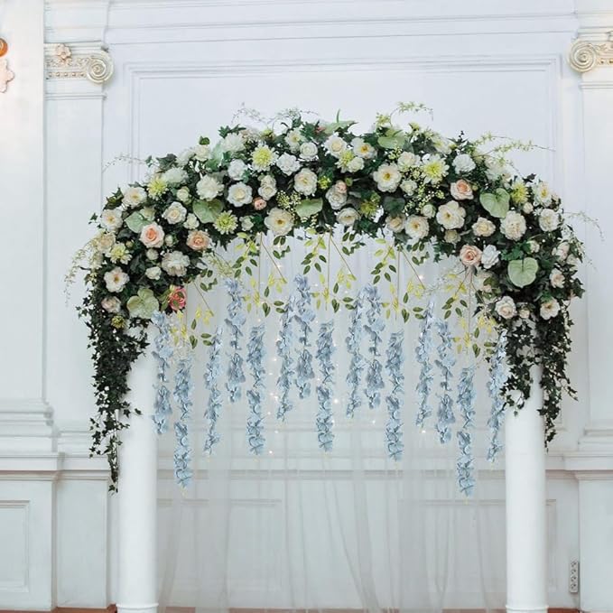 12PCS 3.6Ft Artificial Wisteria Hanging Flowers Dusty Blue Fake Hanging Flowers Garland Silk Flowers Rattan String Faux Wisteria Vine for Garden Home Wedding Arch Decorations (Dusty Blue)
