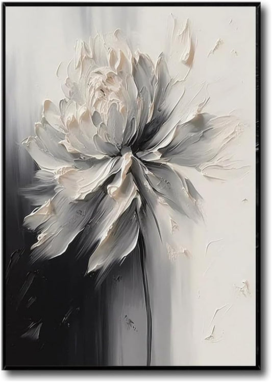 Hand Painted White And Black Flower Canvas Wall Art for Living Room,Framed Floral Oil Paintingfor Bedroom, Modern 3D Floral Artwork Wall Decor for Office Home Decor 28" x 40"