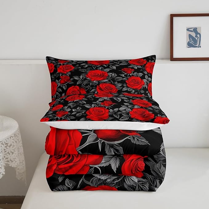 Castle Fairy Kids Red Flowers Comforter Set Twin Size,Rose and Grey Leaves Print Quilt Set for Kids Boys Bedroom Decor Xmas Gift,Gothic Floral Plant Theme Polyester Bedding Set with 1 Pillowcase