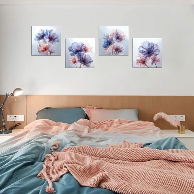 Pankila Canvas Flowers Wall Art Blooming Flowers Pictures Prints Blue Pink Flower Wall Decor for Living Room Bedroom Bathroom Home Decorations Painting Framed Artwork (24''W x 24''H x 4)