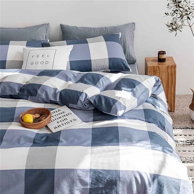 Plaid Comforter Set Full Modern Style Checkered Pattern Comforter for Men Boys Blue White Grey Geometric Comforter with 2 Pillowcases Soft Fluffy 3 Pieces Lightweight Bedding Set Full Comforter Set