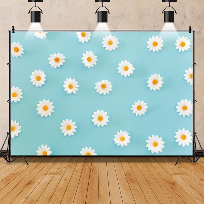 Daisy Flower Backdrop for Photography White Floral Blue Photo Background Baby Shower Birthday Party Decorations Cake Table Banner Girls Children Portrait Photoshoot Studio Props 12x8ft Vinyl
