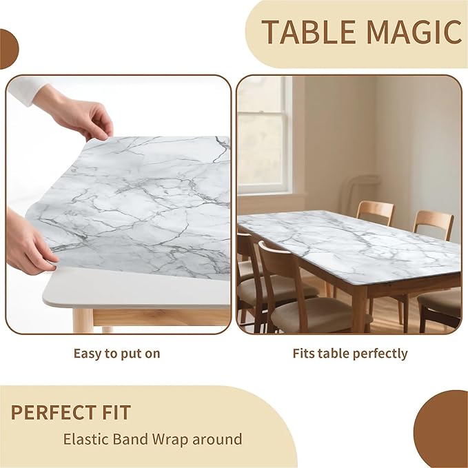 Rectangle Table Cloth Cover Waterproof Elastic Fitted Polyester Fitted Tablecloths for 8 Foot Tables for Indoor,Picnic, Camping, Outdoor （96" x 30"，Marble）