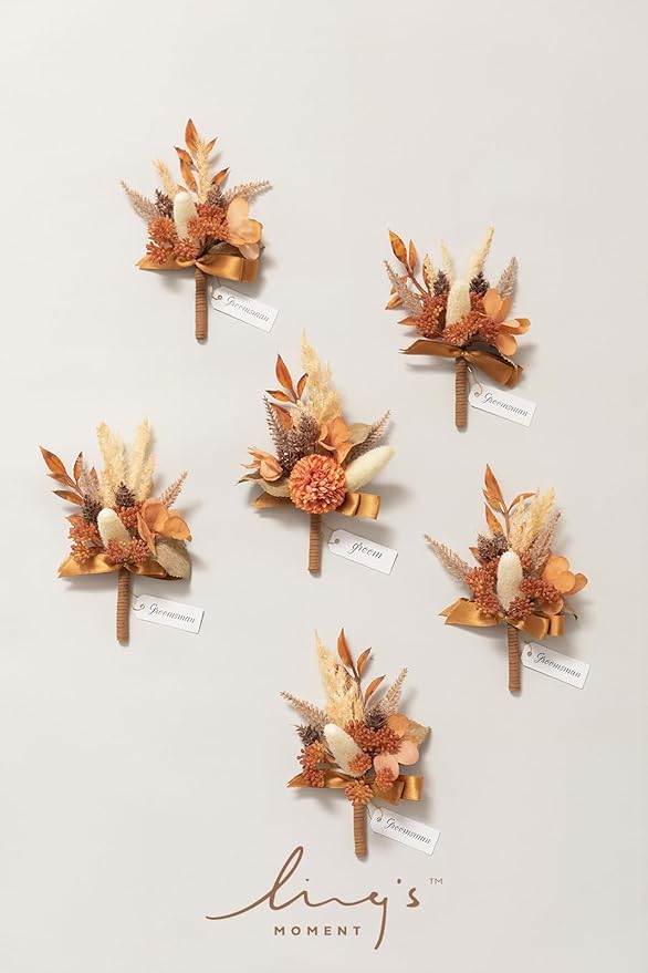 Ling's moment Wedding Artificial Flowers Package, Bridal Bouquet, Bridesmaid Bouquets, Boutonniere for Men, Rose Petals.Boho Dried Rustic Orange