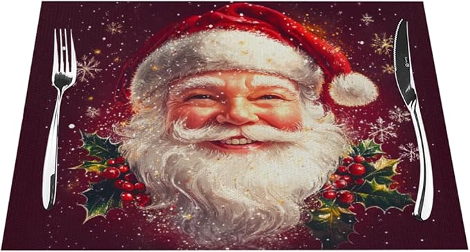 PVC Placemats Set of 6 Wipeable Table Mats Washable Heat Resistant Non Slip Vinyl Dining Table Mat for Kitchen Indoor Outdoor Patio Farmhouse Place Mats Santa Claus Red Xmas Decorative