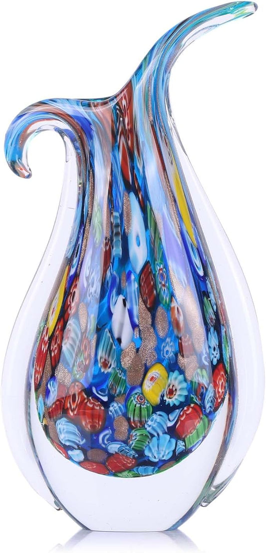 Hand Blown Glass Vase – Oval Decorative Art Glass for Centerpieces, Murano Inspired Decor for Dining Room, Entryway Table, or Shelf, Handmade Glass Vase for Home Display (Blue)