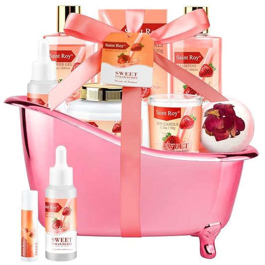 Spa Kit for Women, Bath & Body Gift Set, Luxury Home Spa Bath Gift Basket, Strawberry Scented Bath Set Christmas Gifts for Women, Pamper Gifts for Girls & Teens, Birthday Gift, Bath Self Care Gift
