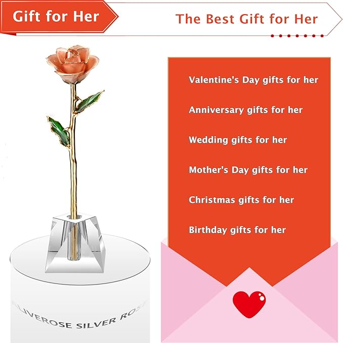 AliveRose Anniversary Rose Gift for Wife,24k Gold Real Rose Gift for her, Long Stem Rose Made from Real Gold Rose for Valentines Mothers Day Birthday (Peach Pink with Crystal Vase)