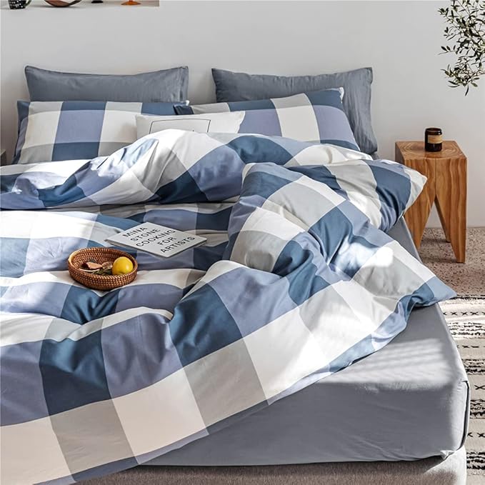 LifeTB Twin XL Comforter Set Modern Style Plaid Checkered Pattern Comforter Soft Fluffy Blue White Grey Geometric Comforter with 2 Pillowcases for Men Boy Teen All Seasons Comforter Set Twin XL Size