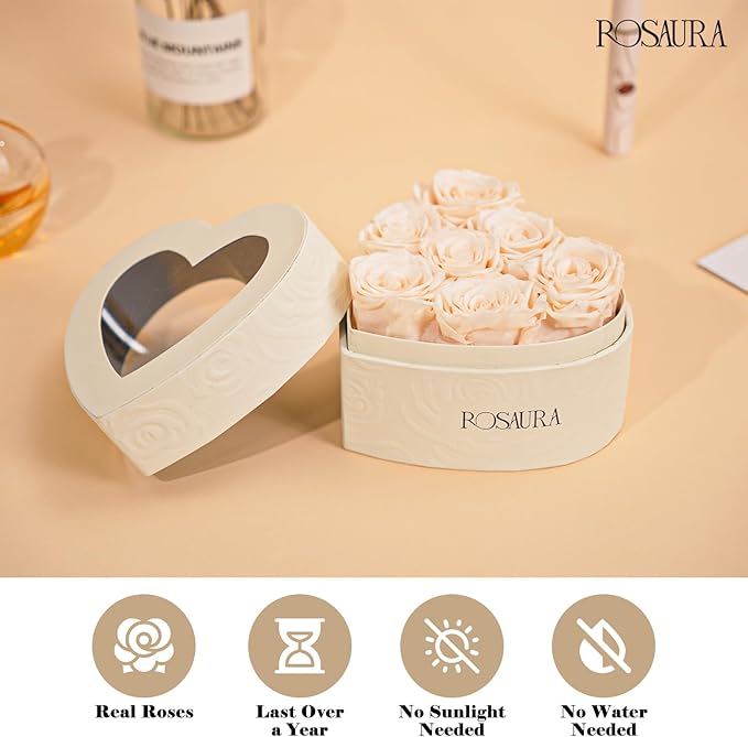 Rosaura Heart-Shaped Preserved Roses Gift Box - Real Forever Flowers for Birthday, Valentine's & Mother's Day (Champagne, 7 roses)