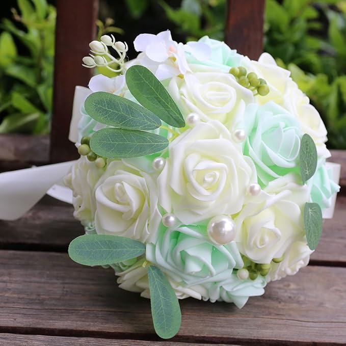 Lightweight Bridal Wedding Bouquet Round Holding Bouquet Throw Toss Artificial Rose Flower Bunch for Bride Bridesmaid Wedding Quinceanera (Cream & Light Cyan, 7.9")