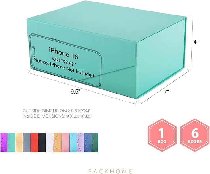 PACKHOME 6 Gift Boxes 9x6.5x3.8 Inches, Rectangle Collapsible Boxes with Magnetic Lids for Gift Packaging (Matte Turquoise, Grain Texture)