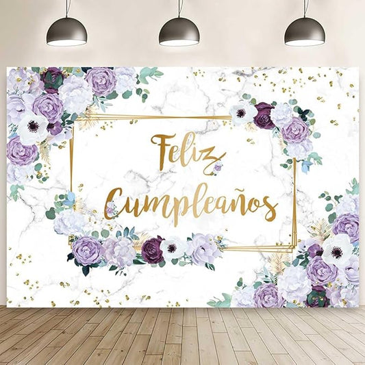 MEHOFOND 7x5ft Feliz cumpleaños Backdrop Purple and White Flower Birthday Photography Background Girls Geometric Gold Glitter Dots Birthday Floral Party Decorations Cake Smash Decor Studio Photo Props