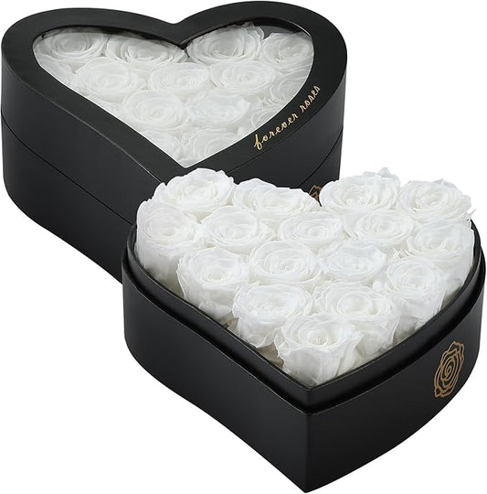 16 Forever Flowers in Heart Shaped Box - Preserved Roses Romantic Gifts for Her, Valentine’s Day, Anniversary, Wedding (White)
