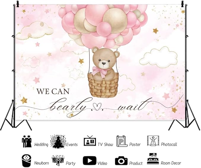 ChloropLastid We Can Bearly Wait Baby Backdrop Girl Bear Hot Air Balloon Baby Shower Photography Background Pink Balloons Clouds Stars Baby Party Cake Photo Decoration 12x8ft