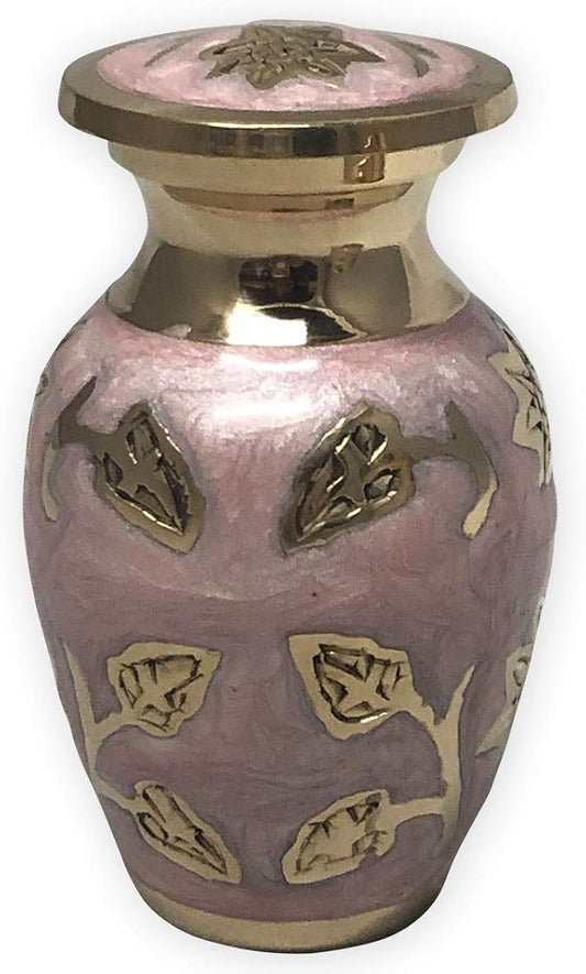 Pink Garden Brass Keepsake Cremation Urn | Unique Brass Funeral Urn with Gold & Pink Enamel Details | Keepsake