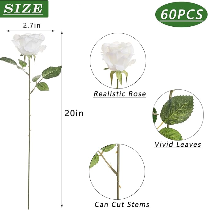 YXZZWL 60 Pcs Artificial Roses in Bulk, Fake Silk Roses Realistic Roses Stem Faux Roses Bouquet for Wedding Centerpieces Flower Arrangement Home Decor (White)