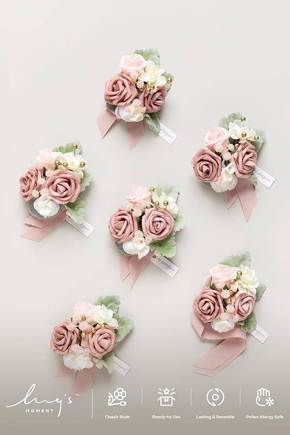 Ling's moment 6pcs Wedding Wrist Corsage Artificial Flowers, Girl/Mother Homecoming Prom Corsages Wristlet Décor, etc. Dusty Rose Pink