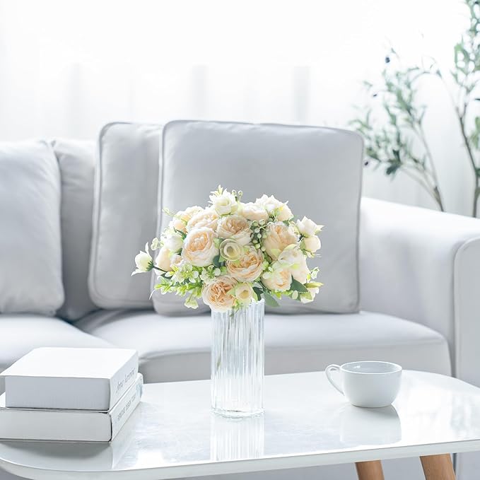 Mkono Peonies Artificial Flowers, Small Silk Flowers for Home Decor Indoor Fake Bouquet Faux Floral Arrangements Dining Table Centerpieces for Kitchen Bridal Wedding Party Decor Champagne