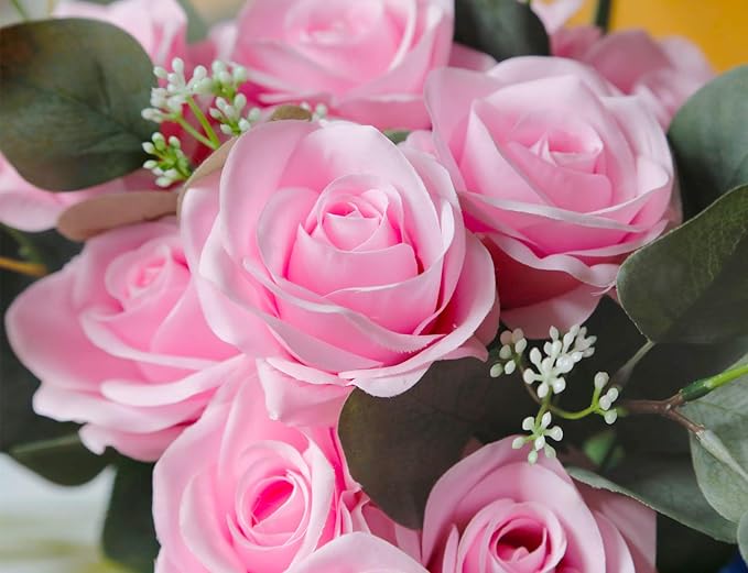 DuHouse 10pcs Fake Roses Artificial Silk Flowers Faux Rose Flower Long Stems Bouquet for Arrangement Wedding Centerpiece Party Home Kitchen Decor (Pink)