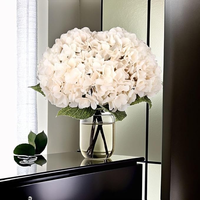 2Bouquets Artificial Fake Flowers Plants Silk Hydrangea Arrangements Wedding Bouquets Decorations Plastic Floral Home Kitchen Garden Party Festival Bar DIY (Ivory White, 5 Flower Heads)