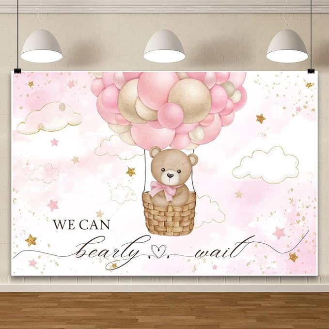 ChloropLastid We Can Bearly Wait Baby Backdrop Girl Bear Hot Air Balloon Baby Shower Photography Background Pink Balloons Clouds Stars Baby Party Cake Photo Decoration 12x8ft