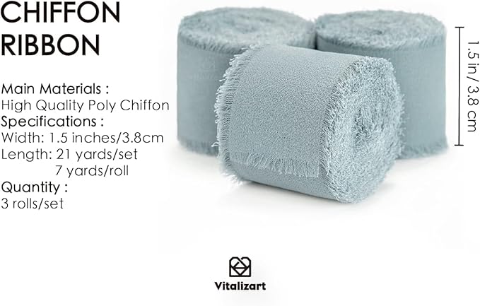 Vitalizart Dusty Blue Handmade Chiffon Silk Ribbon Fringe 3 Rolls 1.5" x 21 Yd Frayed Edges Ribbons for Wedding Invitations Bridal Bouquets Gifts Wrapping Crafts Holiday Decor