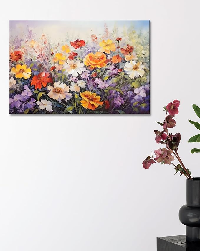 GLOKAKA Flowers Wall Art Colorful Landscape Lush Wildflowers Painting Print on Canvas Purple Yellow Floral Daisy Flower Picture for Home Bedroom Office Decor (Lush Flowers, 24"x16")