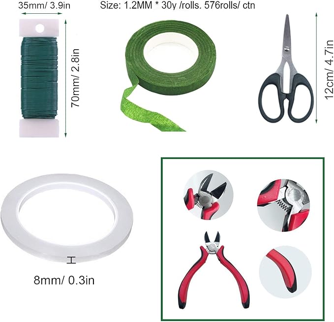 Floral Arrangement Tool Kit, Woohome 2 Style Tape Stem Wrap, 2 Style Floral Wire, Wire Cutter, Scissors and Head Pins for Wedding Bouquet DIY