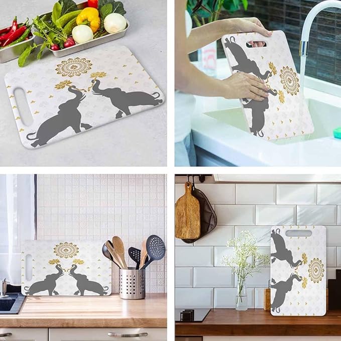 Elephant Cutting Boards Lotus Golden Flora Art Cutting Boards Kitchen Chopping Board with Handles Non Slip Plastic 16 x 10 x 0.24 Inch