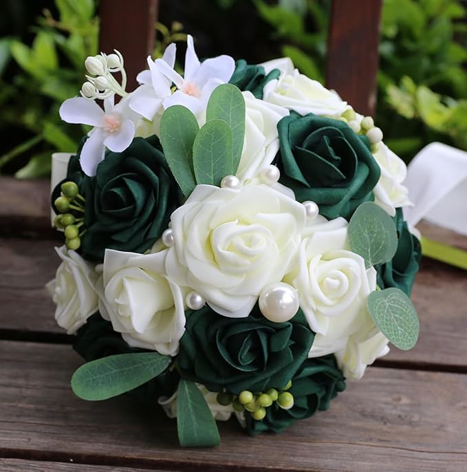 Lightweight Bridal Wedding Bouquet Round Holding Bouquet Throw Toss Artificial Rose Flower Bunch for Bride Bridesmaid Wedding Quinceanera (Cream & Dark Green, 9.1")