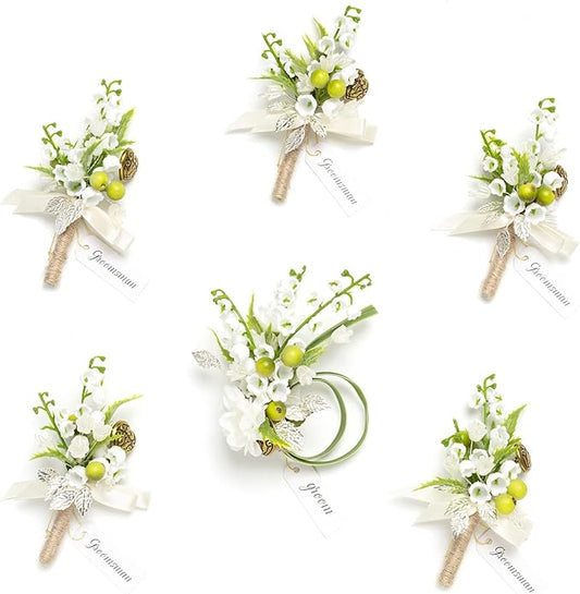 Ling's moment Boutonniere for Men, 6pcs Groom Groomsmen Boutonniere, Artificial Flowers for Wedding Decor/Prom/Homecoming, etc.White Lily & Olive